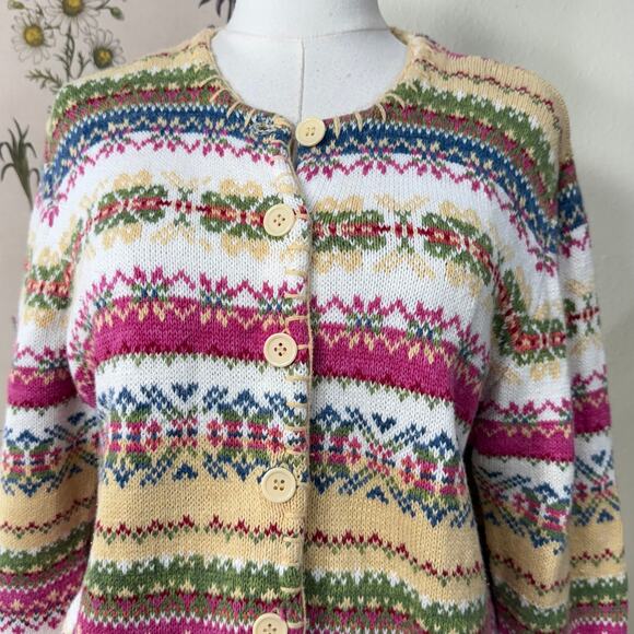 Vintage Y2k Fair Isle Knit Cardigan Sweater Winter Cottage Prairie Grandma M - Picture 5 of 7